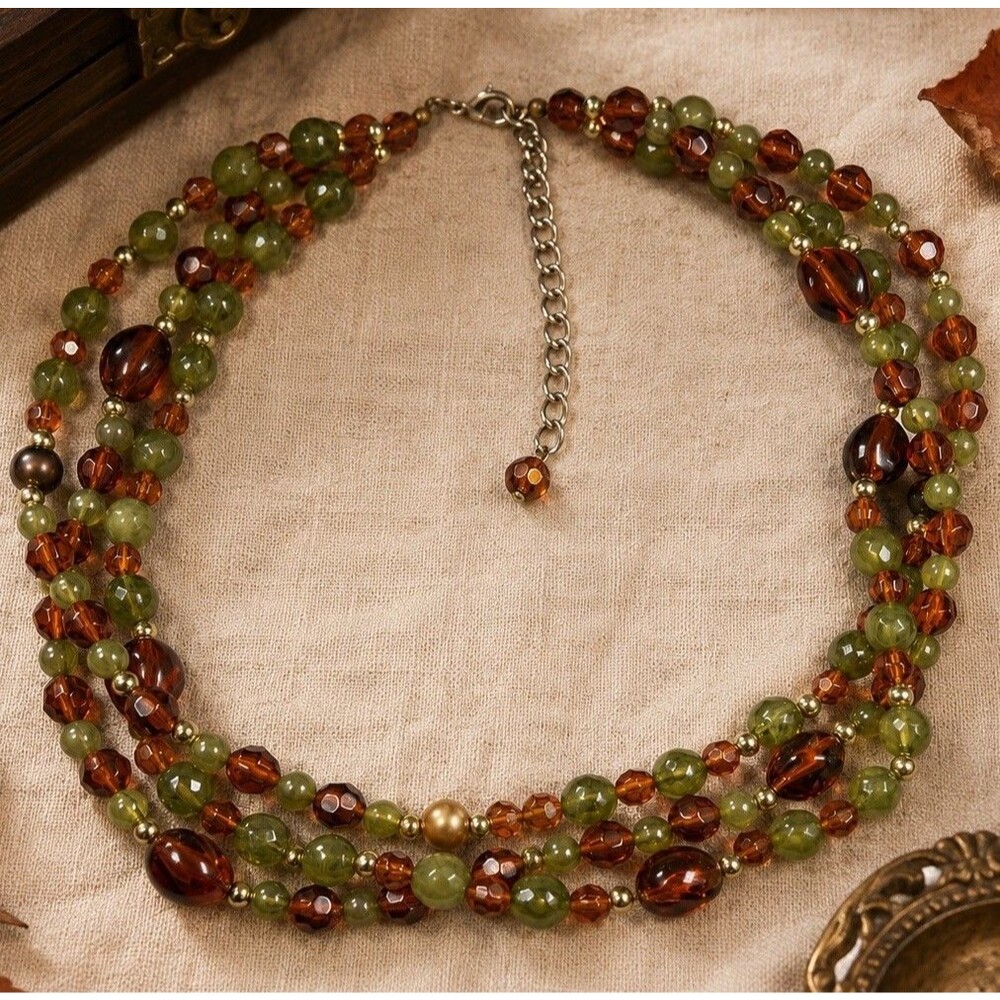 Vintage 1990s Green Amber Beaded Necklace 3 Strand Earth Tone Statement Jewelry